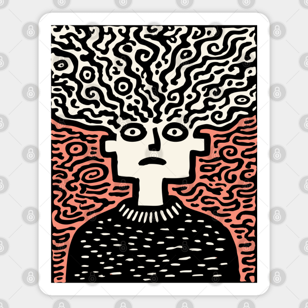 Tangled Thoughts | Surreal Linocut Portrait Magnet by TuncGK